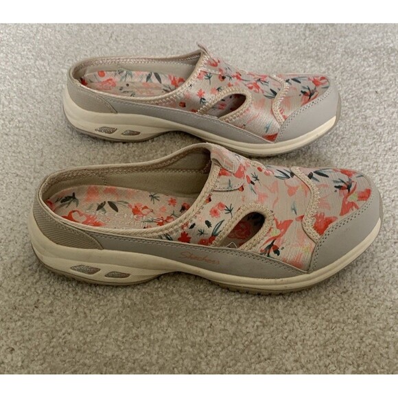 Skechers Commute Time Memory Foam Mules Floral White/Pink Sz 8 Washable Slip Ons - Picture 2 of 8